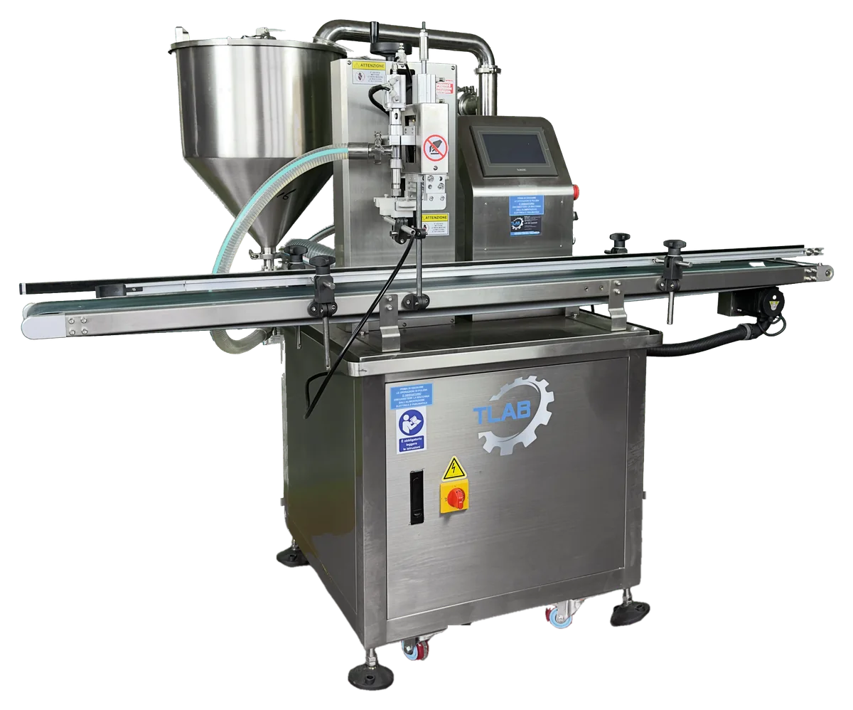 TLAB inline filling machine for liquids and creams, with hopper, filling head and conveyor