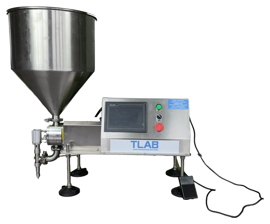 Dosatrice da banco TLAB vista di fronte, con il pannello, la targa TLAB e il pedale