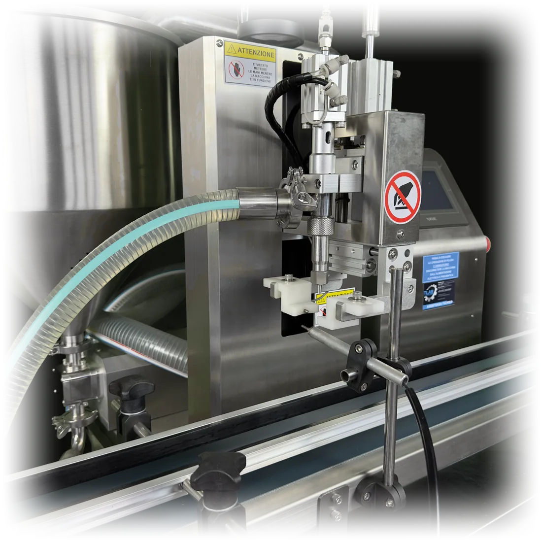 Filling head of the inline filler, above the conveyor